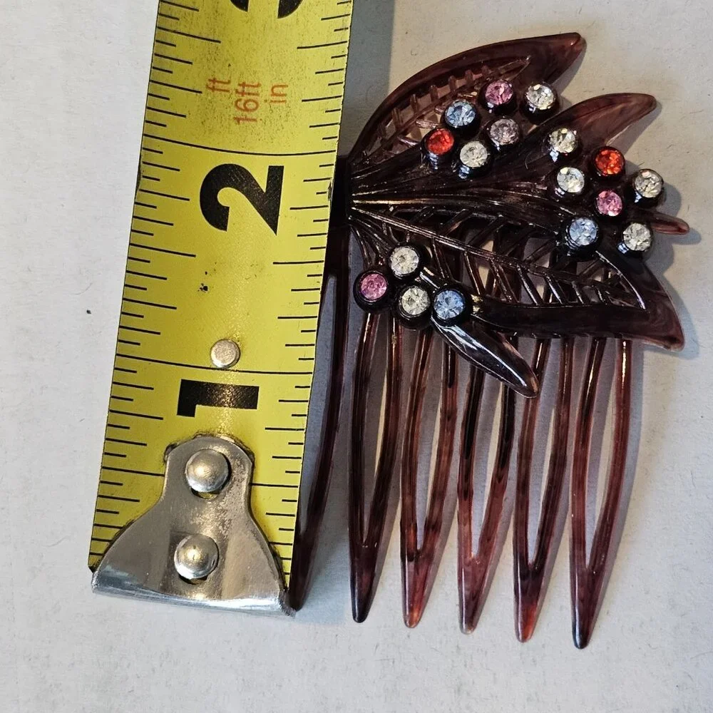 Vintage Tortoiseshell Hair Comb Brooch Jewels Rhinestones Austria Bouquet Leaves